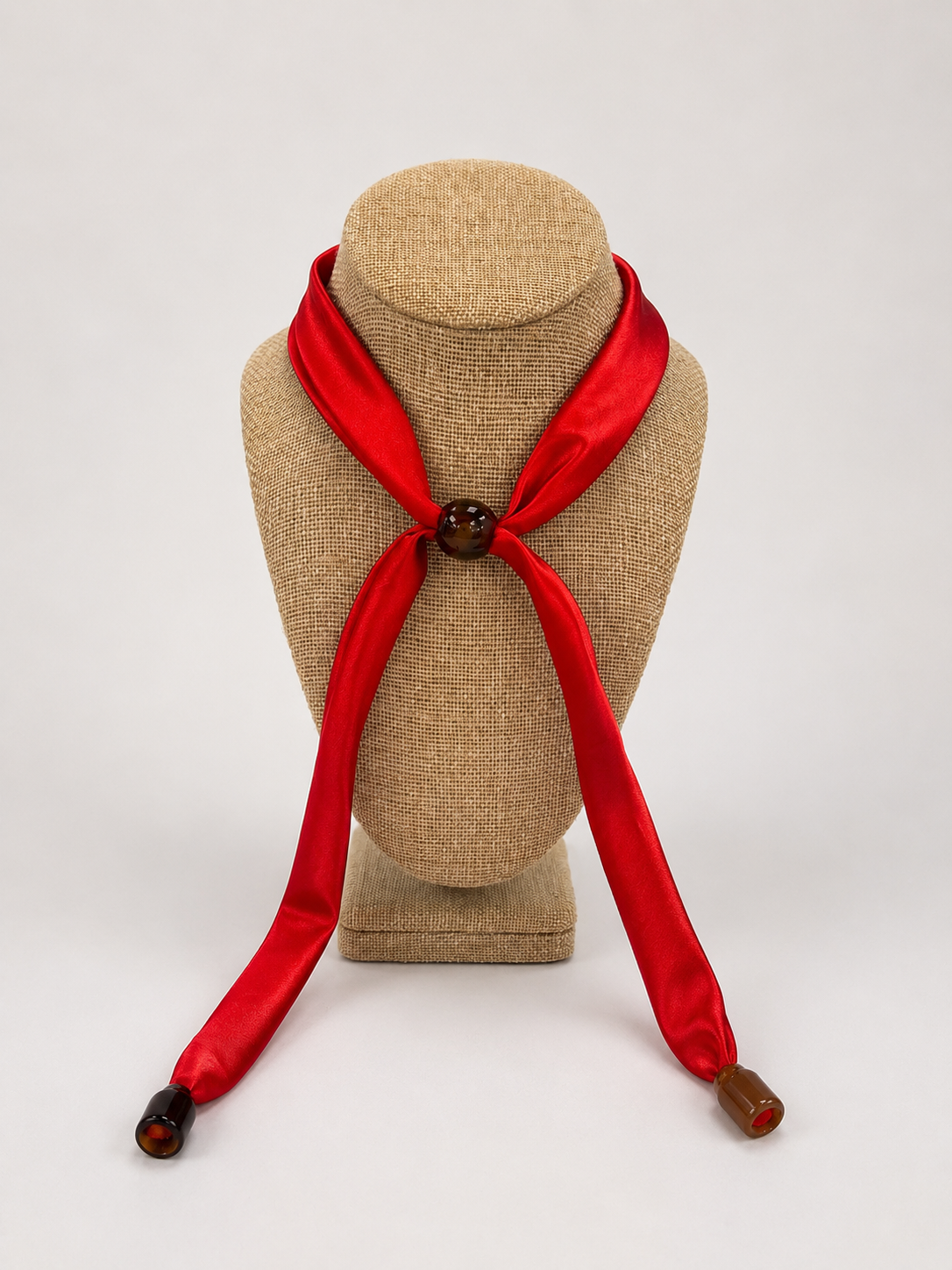 red Scarf Pull Necklace uga georgia football bright red satin neck scarf with dark brown wooden ends and a central dark brown button