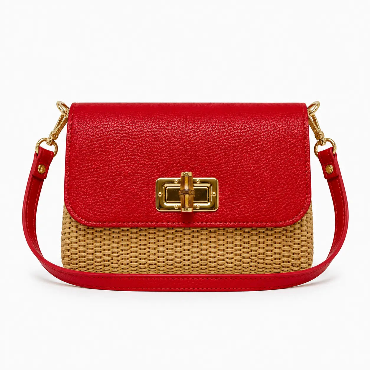Leather Bamboo Clasp & Raffia Crossbody Bag