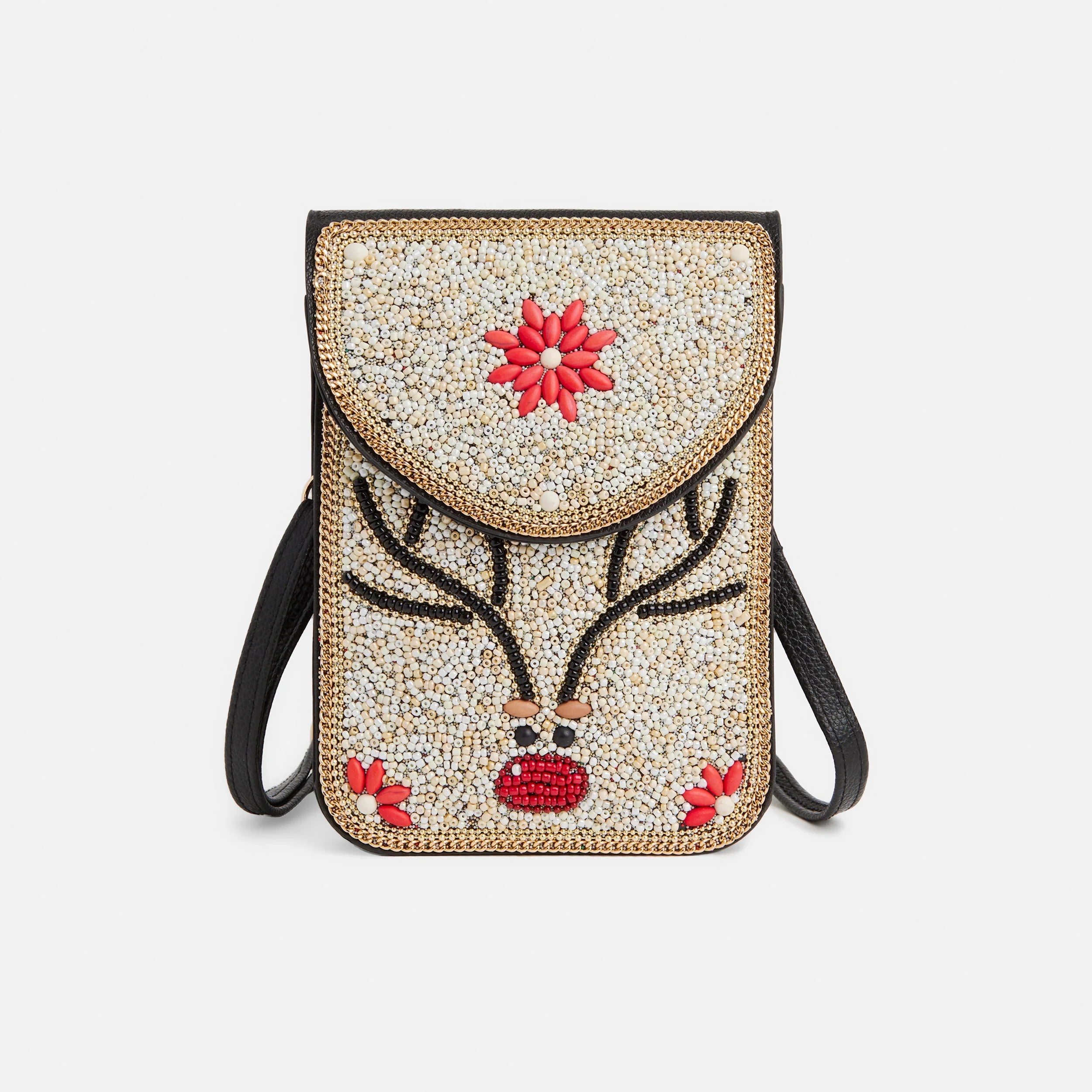 Beaded reindeer cross body with red flowers on a white background