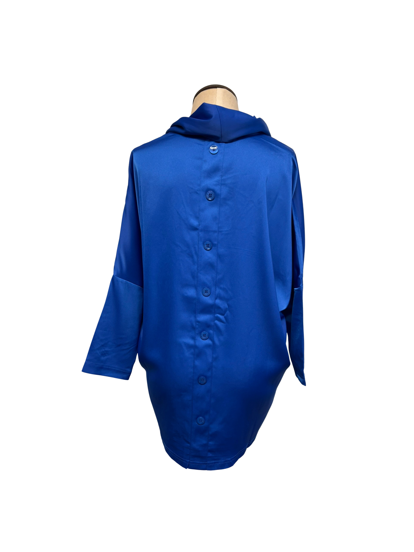 Blue raincoat on a mannequin against a white background