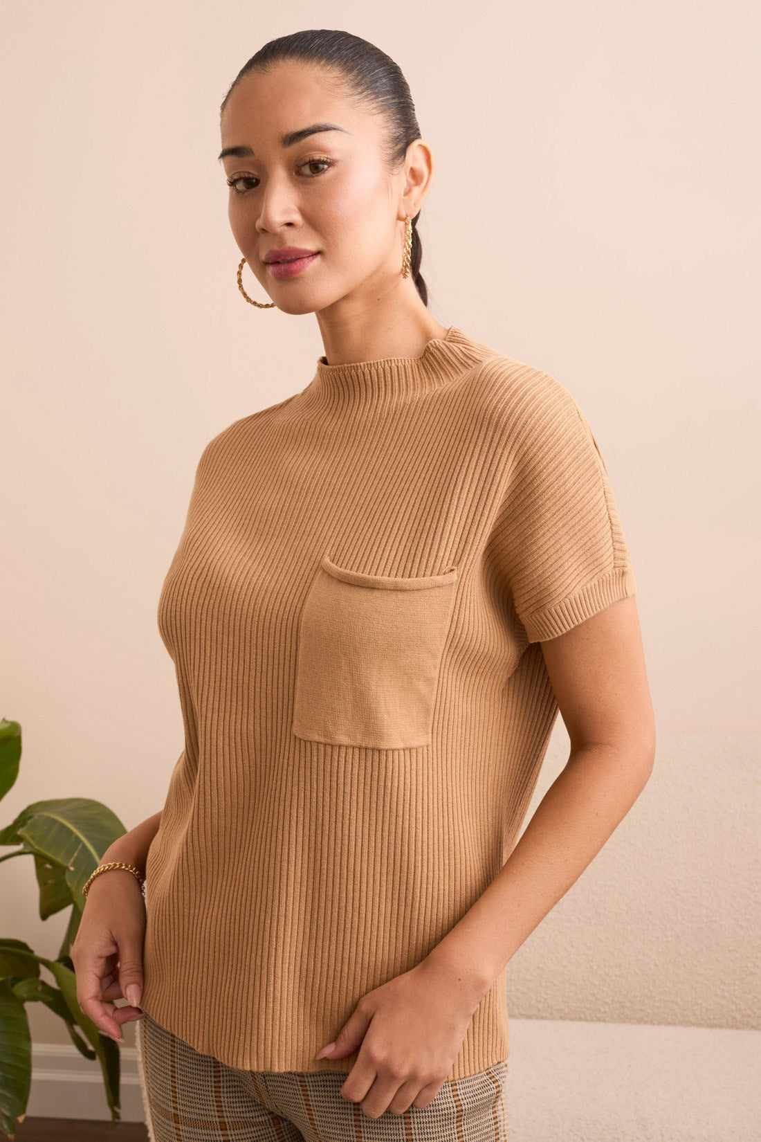 Tribal | Cotton Mock Neck Cap Short Sleeve Top - Evelyne Talman