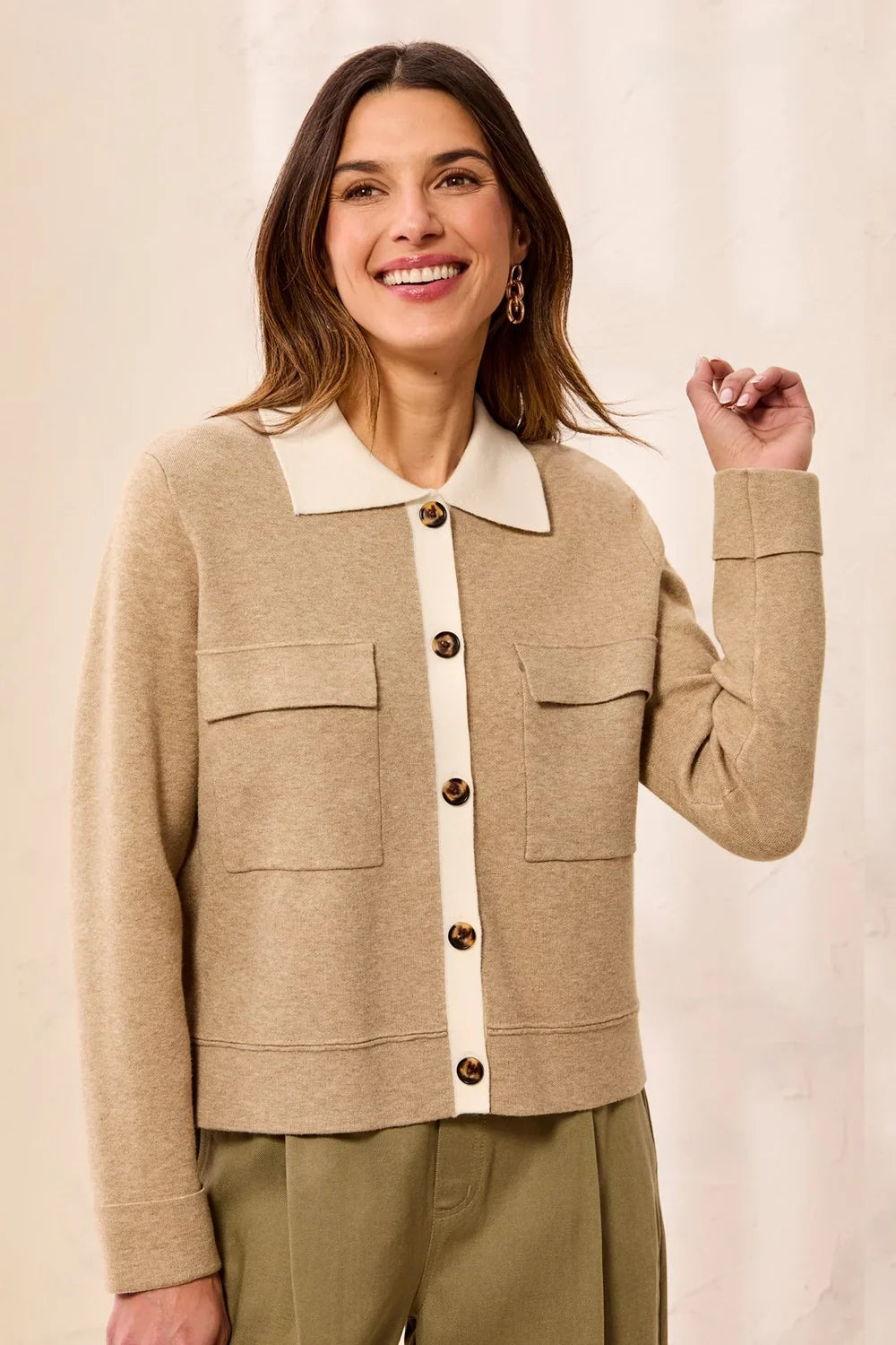 Double knit Long Sleeve Button-Front Collared Cardigan