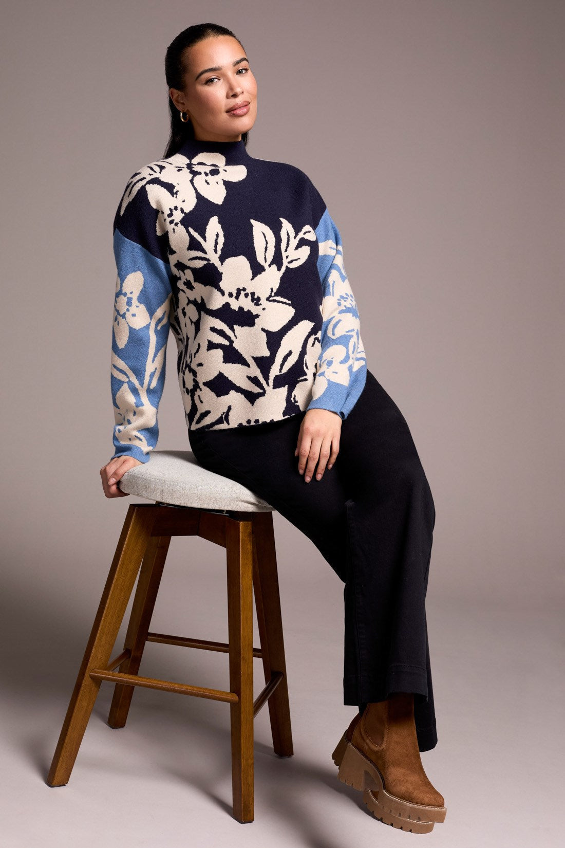 Tribal | Knit Jacquard Funnel Neck Swea
