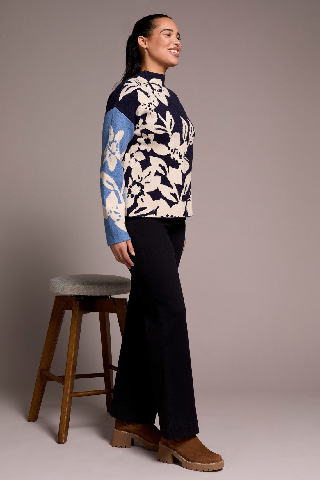 Tribal | Knit Jacquard Funnel Neck Swea