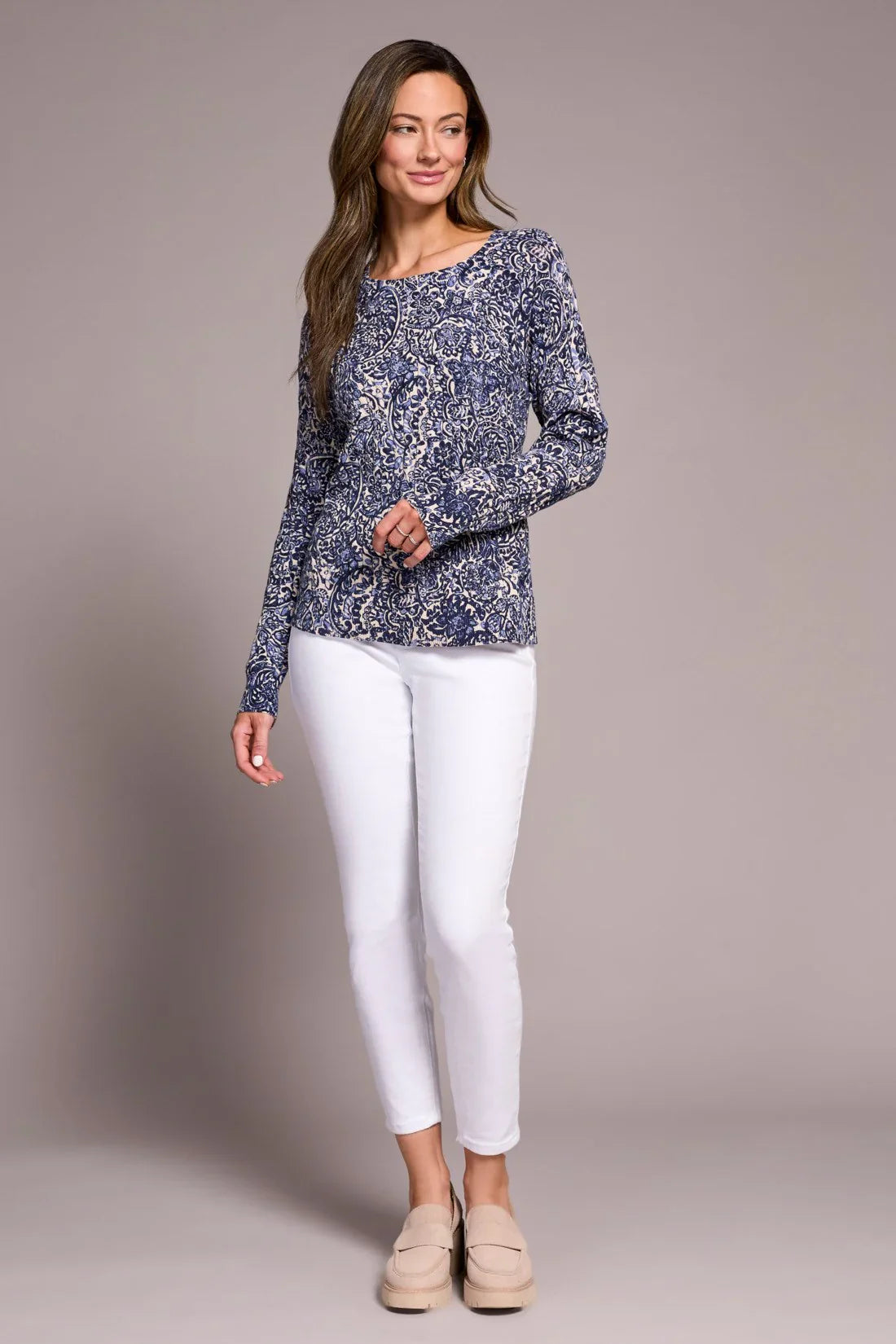Tribal printed cable cotton crew neck sweater in sapphire, featuring intricate knit patterns and a classic fit.