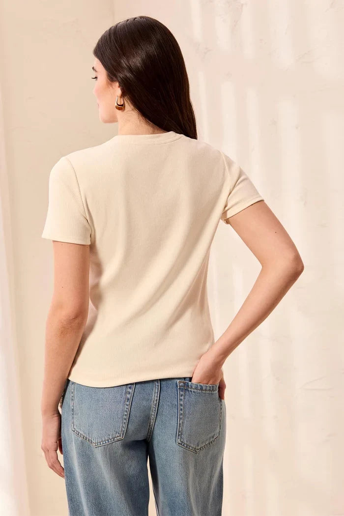 tribal BLUE THREAD Cotton Ribbed Fitted Crew Neck Tee cream
