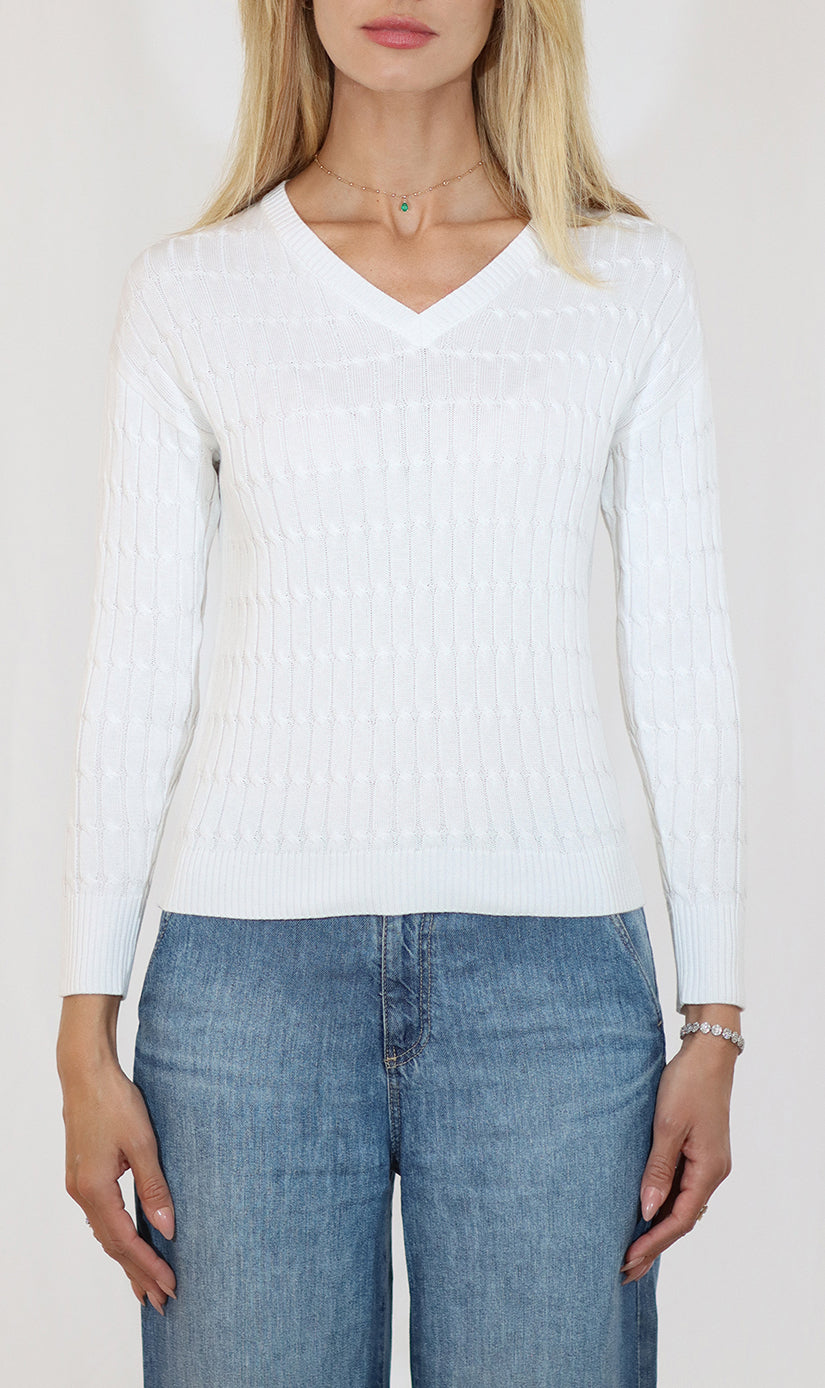 Person wearing a white cable knit sweater and blue jeans on a plain background