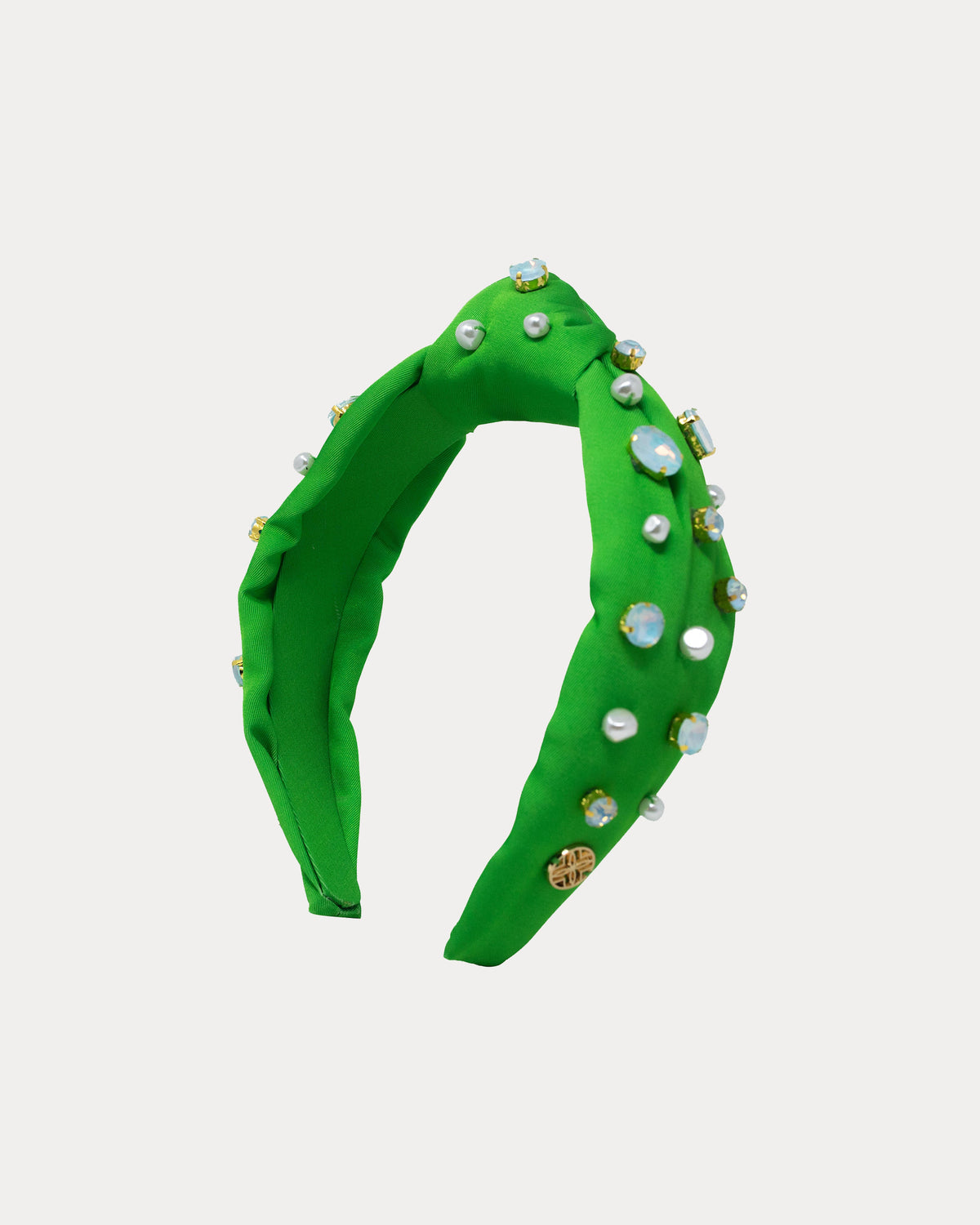 Lilly Pulitzer embellished knotted headband in peninsula green with colorful floral embroidery and decorative accents.