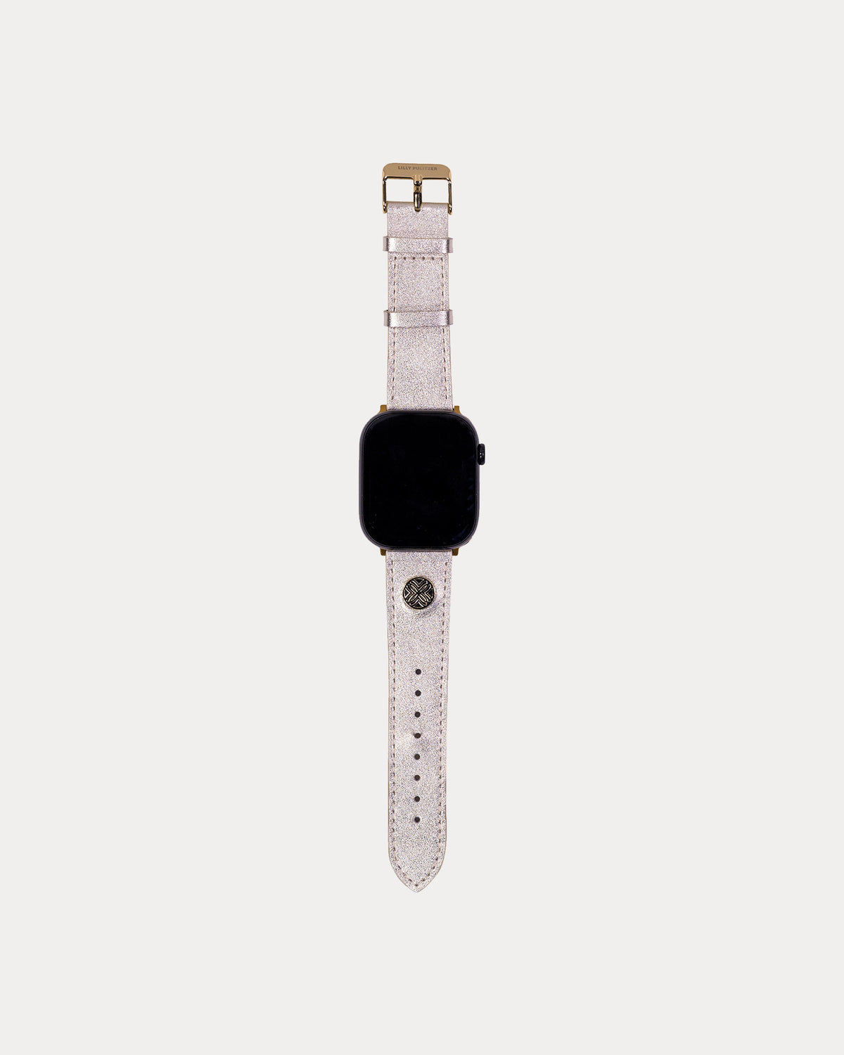LILLY PULITZER gold metallic Apple Watch band with a stylish, shiny finish and adjustable strap for a fashionable look.