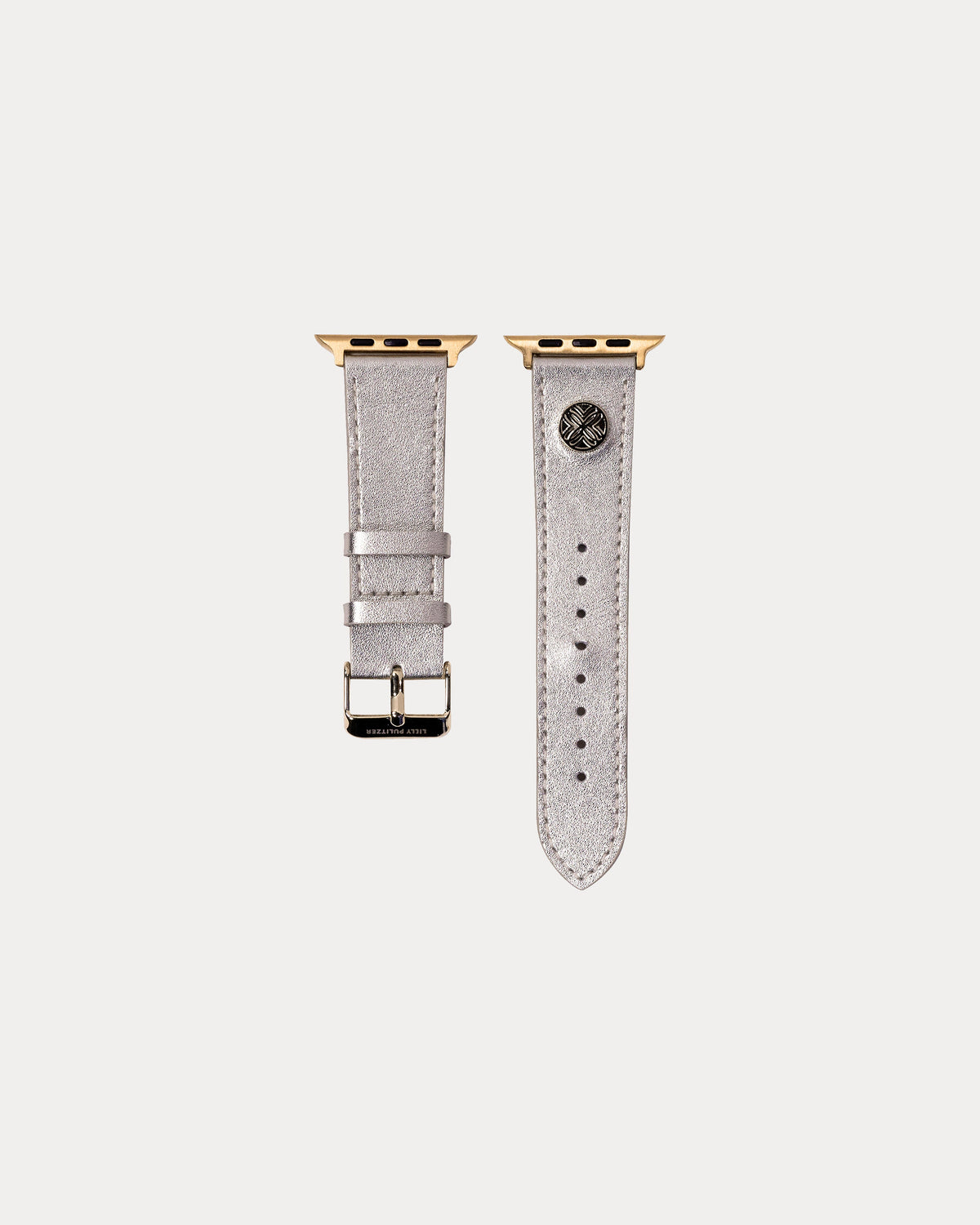 Lilly Pulitzer gold metallic Apple Watch band with floral design, stylish and adjustable for a comfortable fit.