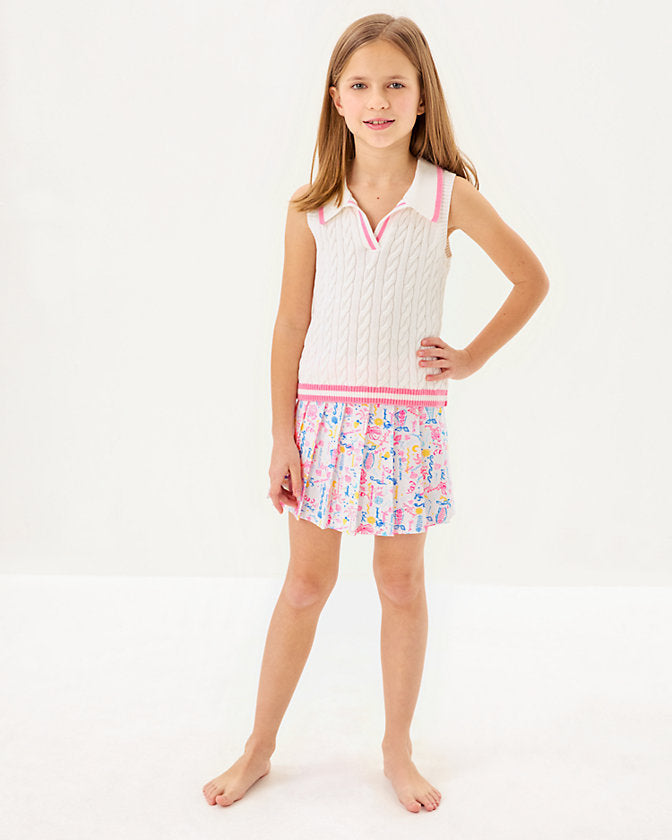 Girls Lilly Pulitzer Mini Suzette Sweat Tank in resort white fabric, featuring a sleeveless design and casual style.