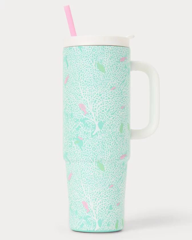 Lilly Pulitzer 30 Oz Stainless Steel Tumbler with Handle Mint Condition Fantastical with pink straw 