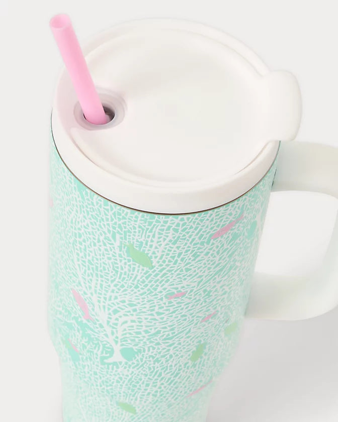 Lilly Pulitzer 30 Oz Stainless Steel Tumbler with Handle Mint Condition Fantastical with pink straw 