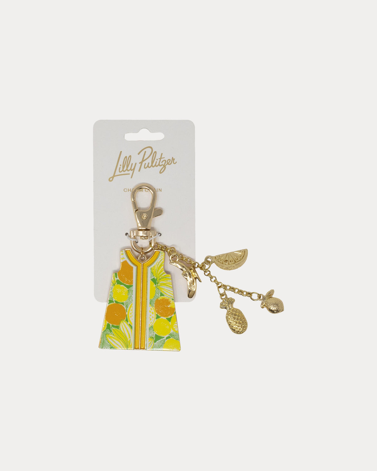 Lilly Pulitzer keychain with a dress charm featuring lemon design Color: Island Palm Zesty