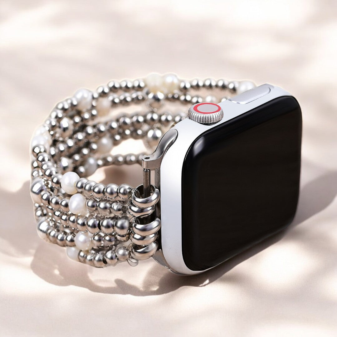 Shimmering Pearl Apple stretch bracelet by Cape Diablo featuring lustrous pearls and flexible design on a white background.