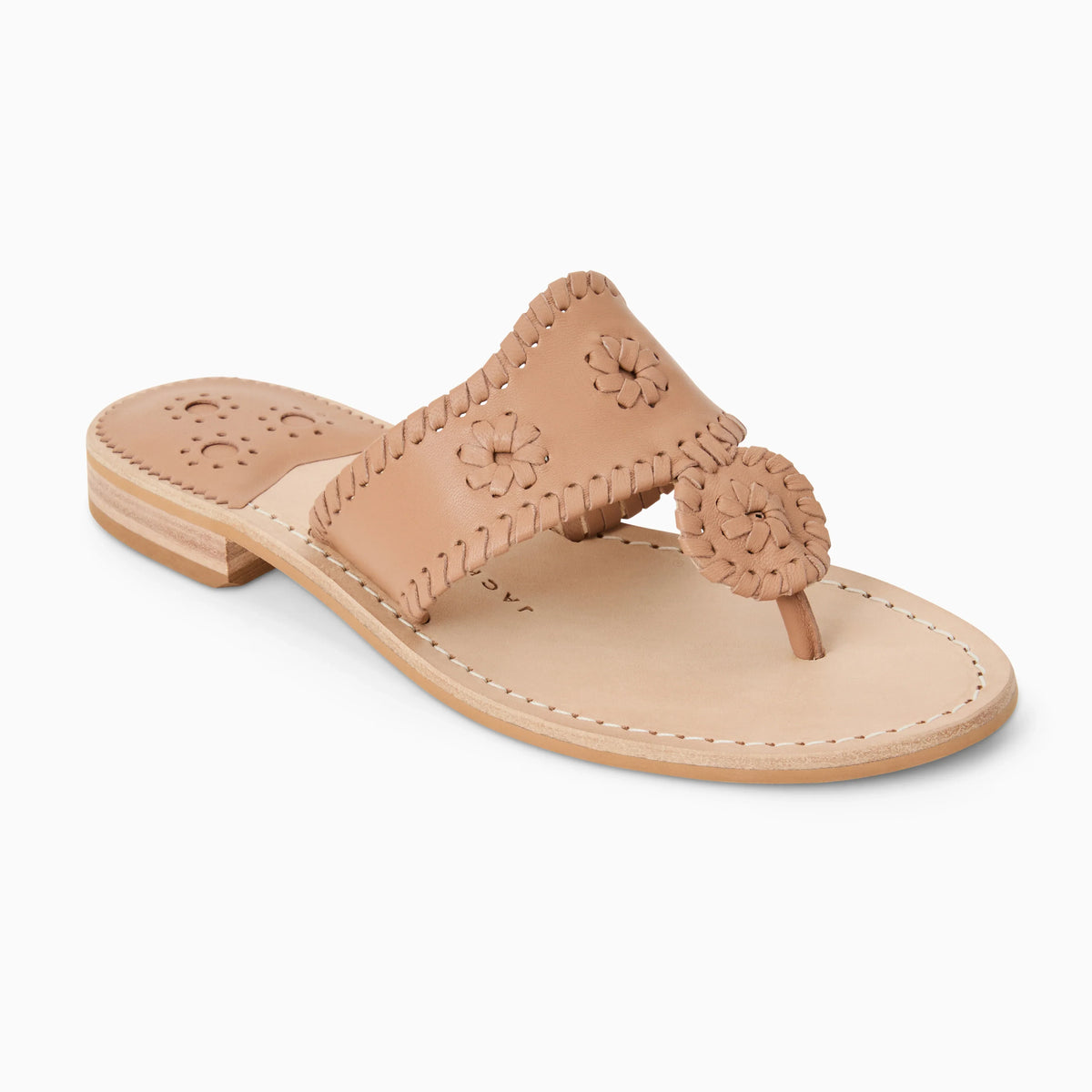 Jack Rogers Jacks Flat Sandal in beige with leather straps, featuring signature woven detailing on the shoes.