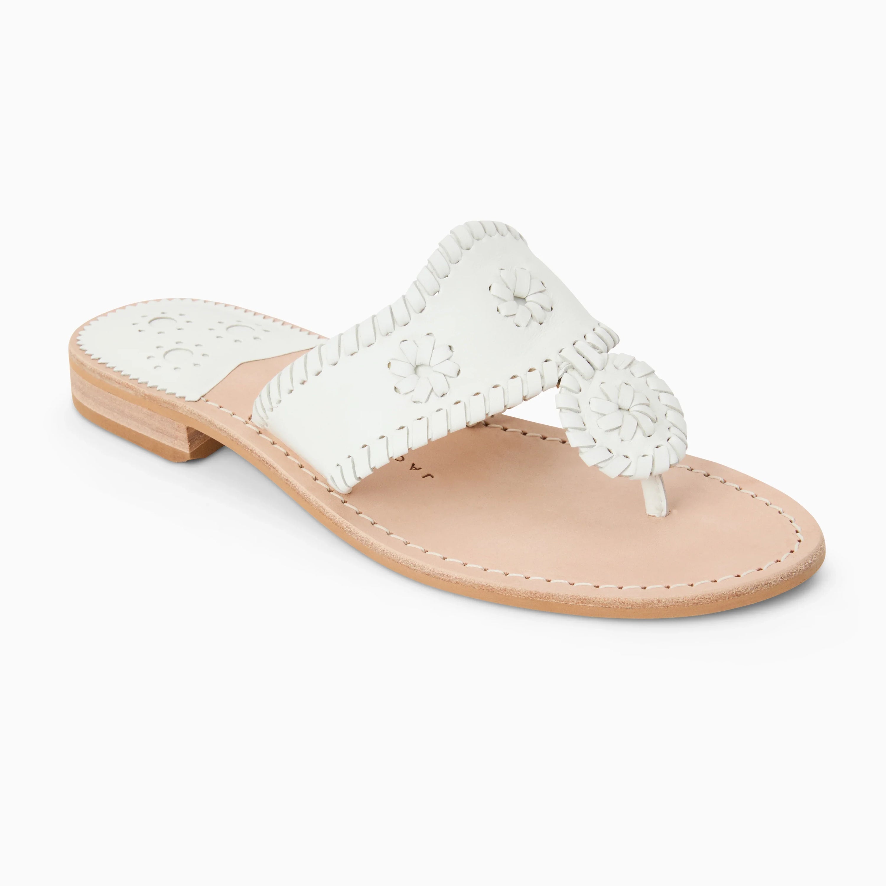 White Jack Rogers Jacks Flat Sandal showing the classic leather straps and brand logo on the sole.