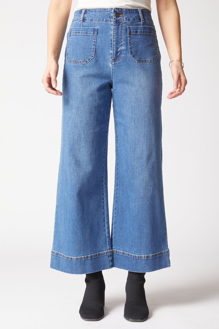 Stretch denim wide leg ankle jeans by HABITAT, showing the fit and style of the casual pants with a medium denim wash.