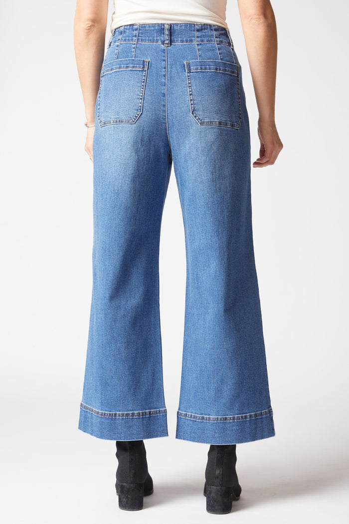 Light blue stretch denim wide-leg ankle jeans by HABITAT, showing the relaxed fit and stylish design in a close-up shot.