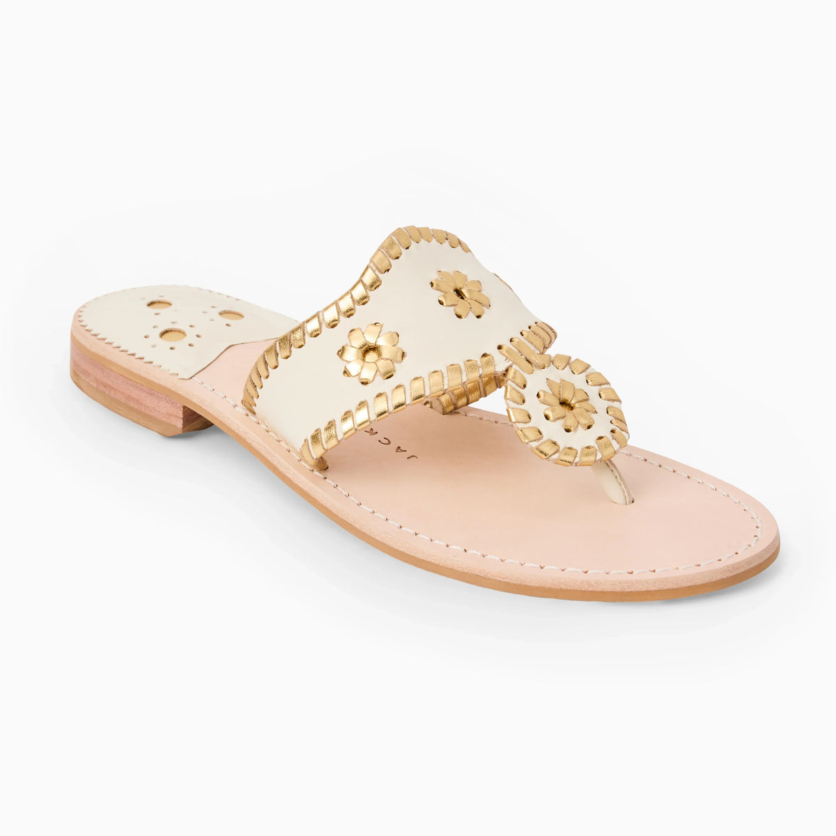 Ivory and gold Jack Rogers Jacks Flat Sandals with leather straps and signature whipstitch detail, perfect for casual summer wear.