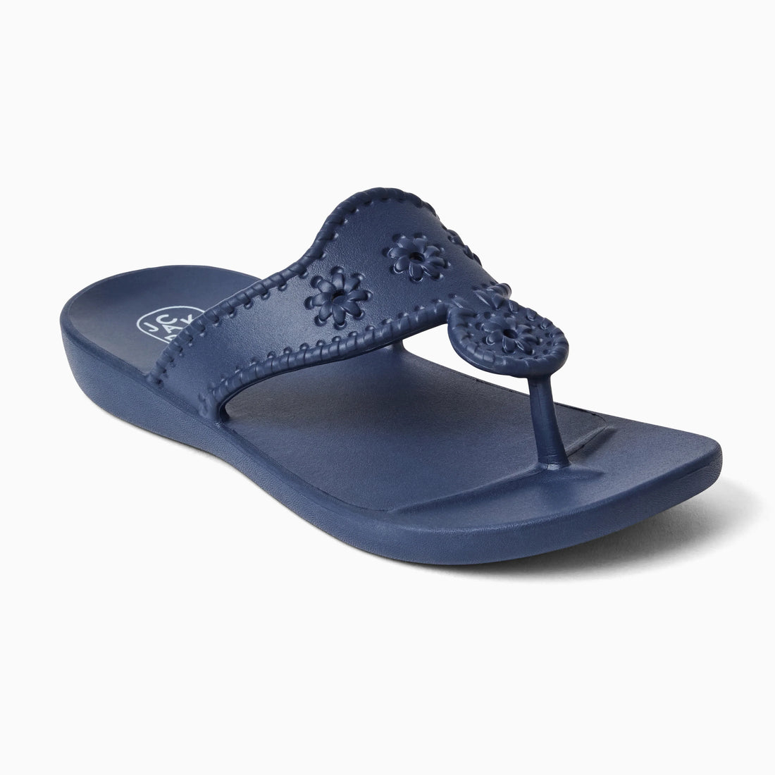 Navy Jack Rogers waterproof sandal with leather straps and rubber sole, designed for comfortable outdoor wear.
