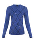 Blue sweater with black lattice pattern on a white background