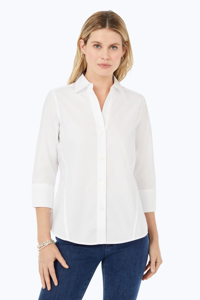 Foxcroft Paityn no-iron pinpoint 3/4 sleeve shirt, light-colored tops with button-up front and collar, casual professional style.