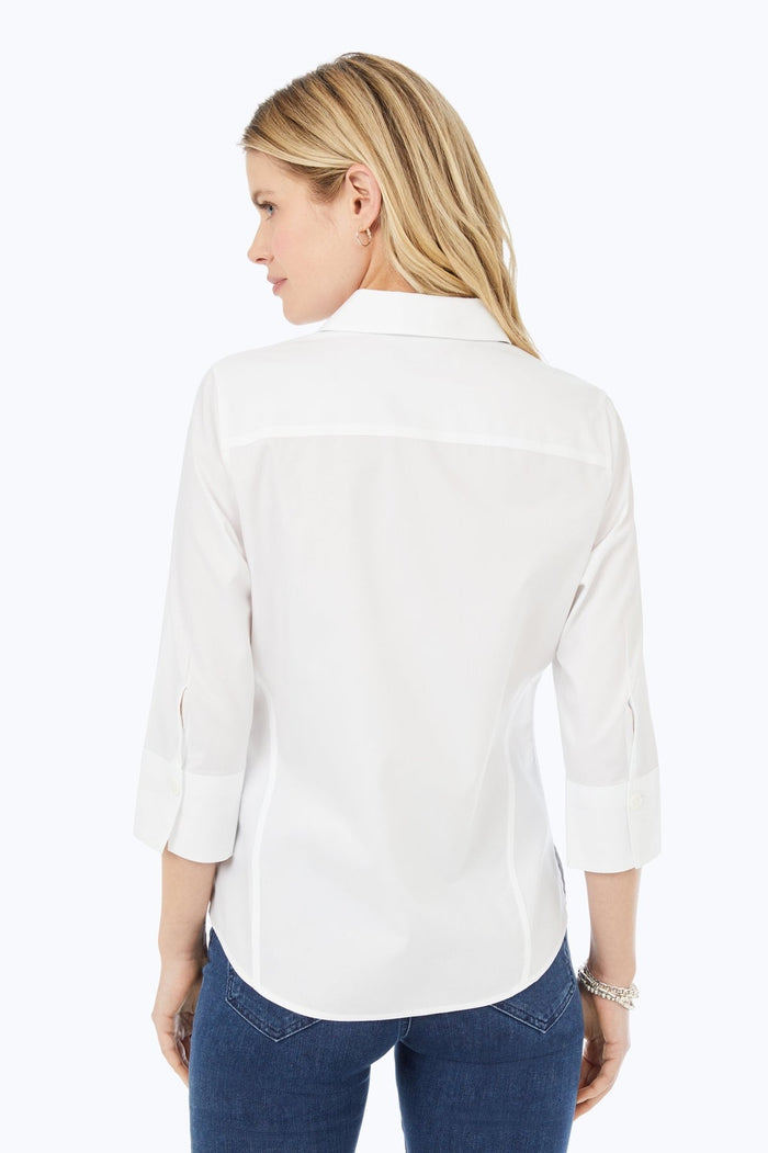 Foxcroft Paityn No Iron Pinpoint 3/4 Sleeve Shirt, women’s blouse with a classic collar and button-up front, in a lightweight fabric.