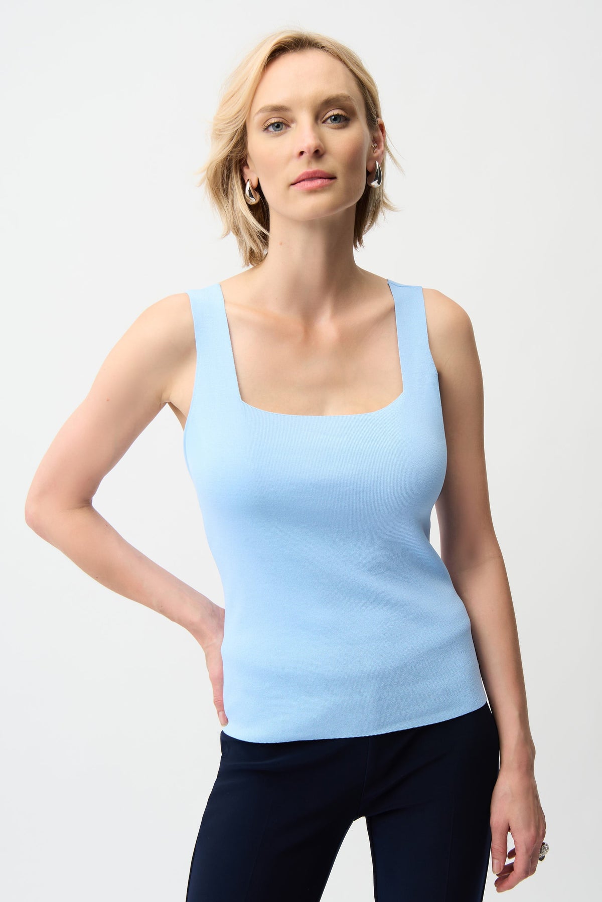 Square neck sleeveless pullover top by Joseph Ribkoff, featuring a stylish square neckline and sleeveless design in soft fabric.