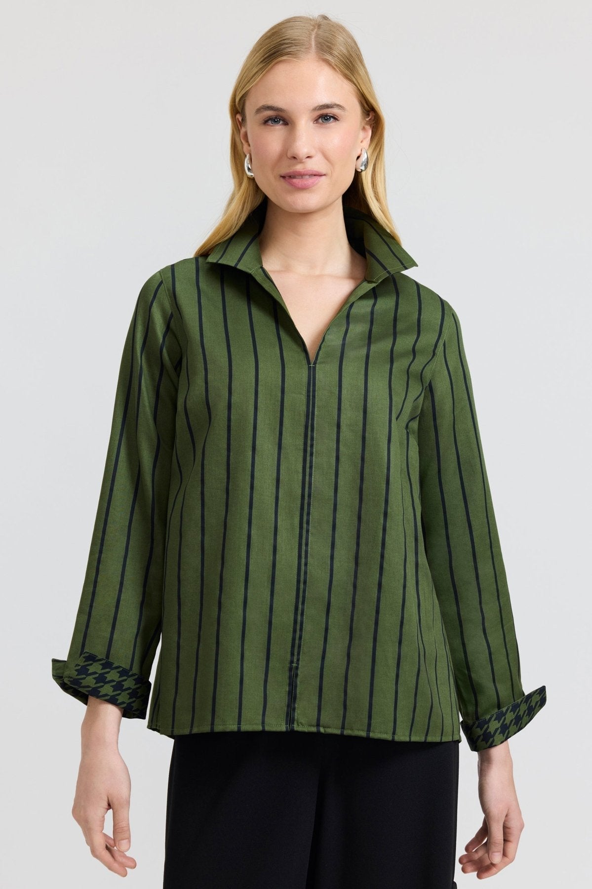 Green Agnes Top by FOXCROFT with a striped pattern, displayed on a mannequin.