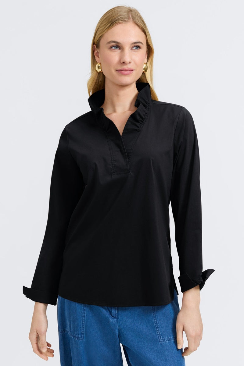Black FOXCROFT Tammy long sleeve pullover top, front view showing soft fabric and fitted design.