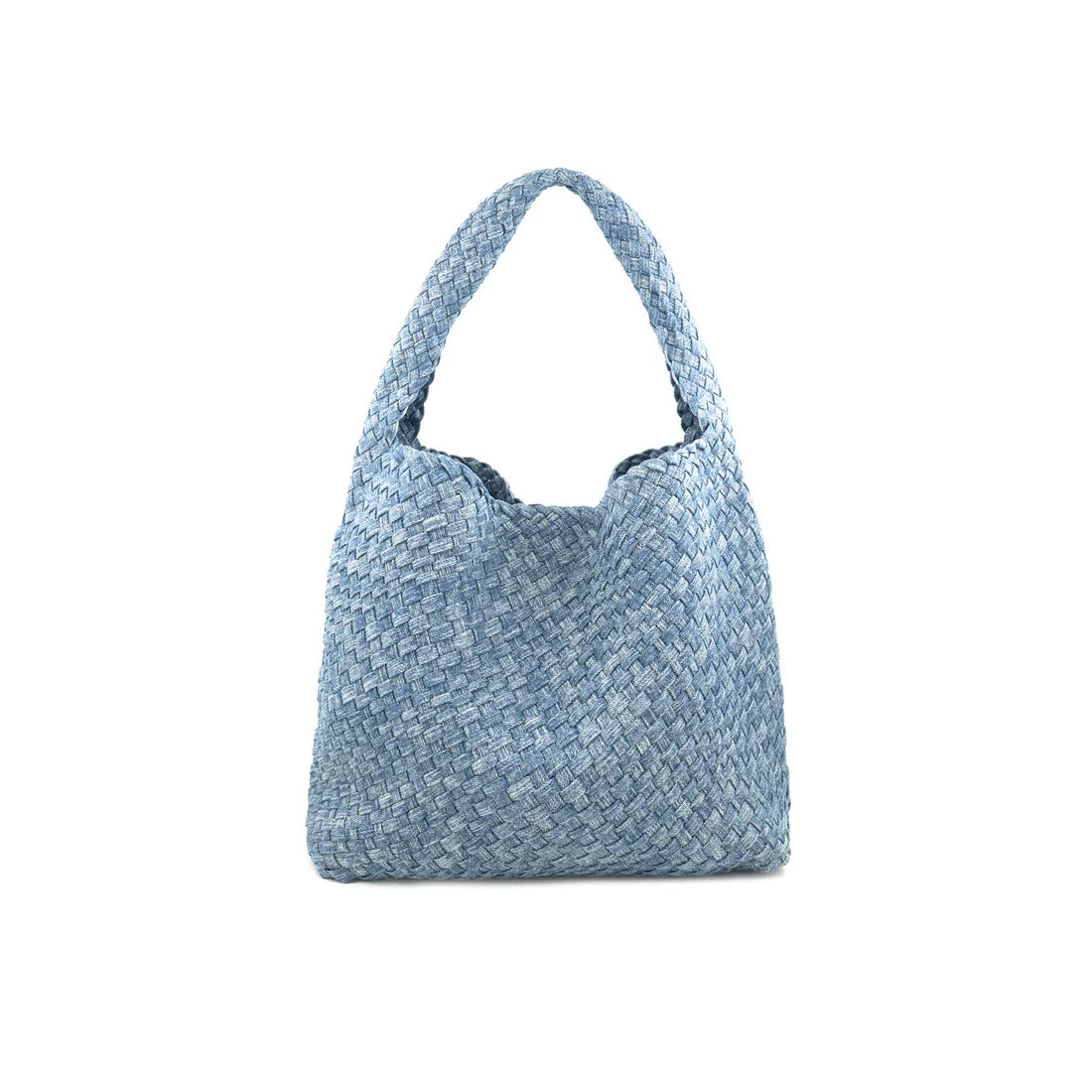 Light denim BC HANDBAGS handbag with shoulder strap and top zipper closure, stylish accessory for everyday use.