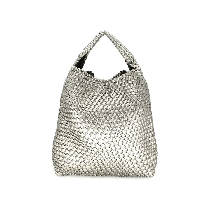 Silver BC HANDBAGS handbag with sleek design, featuring a smooth finish and stylish handles, perfect for everyday or evening wear.