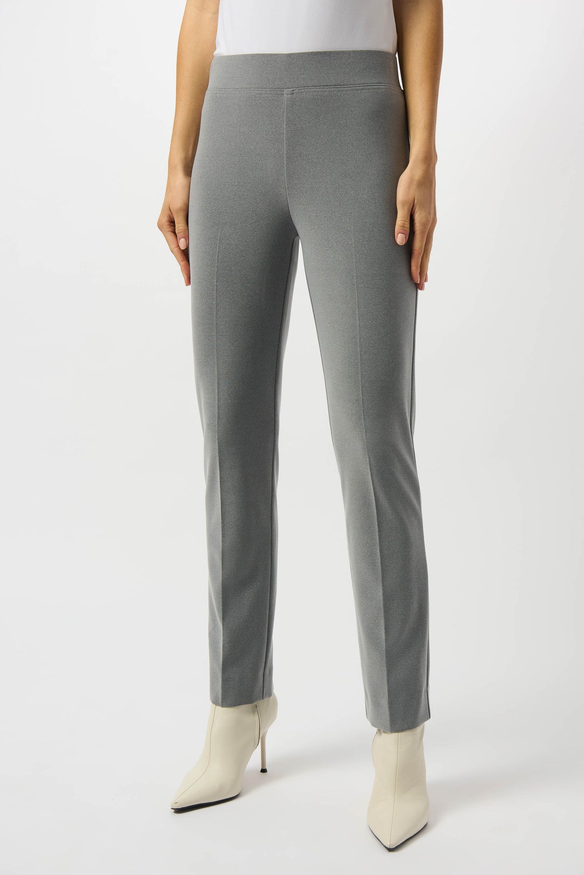 Gray Melange Silky Knit Straight Leg Pants by Joseph Ribkoff, showcasing a smooth, comfortable fit with a modern straight leg design.