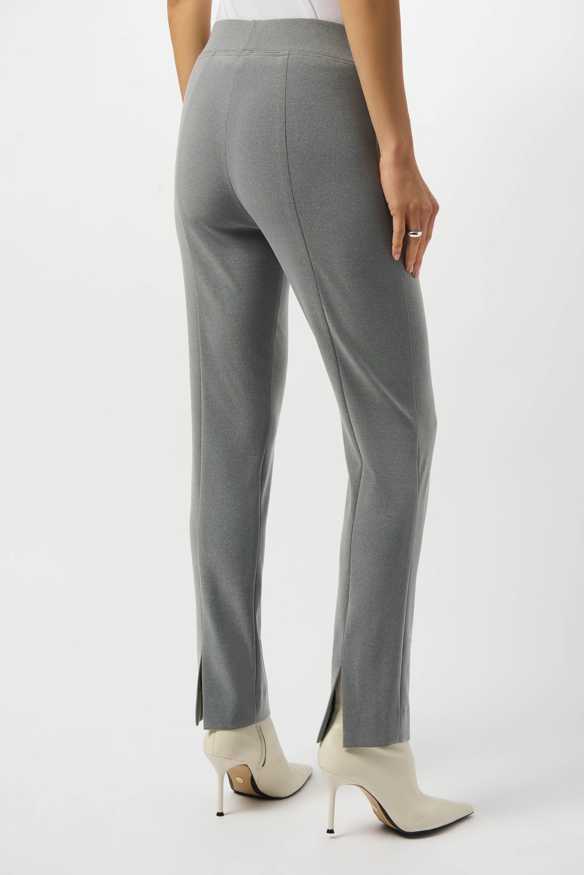 Gray Melange Silky Knit Straight Leg Pants by Joseph Ribkoff, showing the smooth fabric and tailored fit.