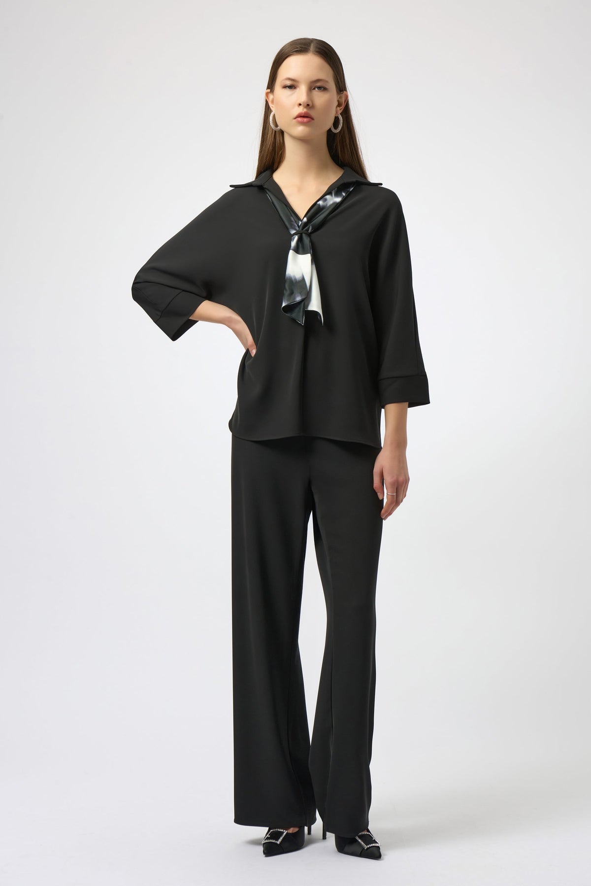 Joseph Ribkoff | Woven Boxy Top With Printed Scarf - Evelyne Talman