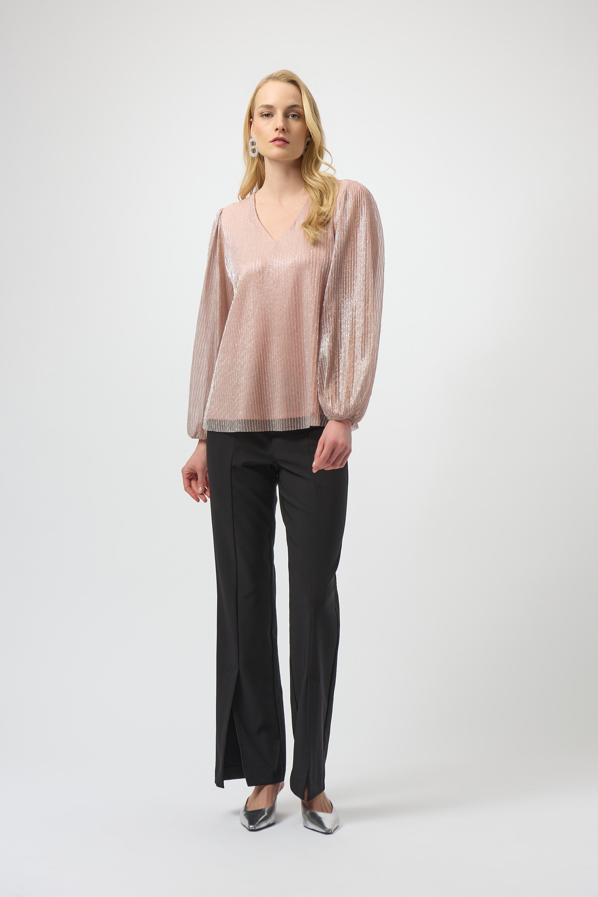 Blush Lurex pleated top by Joseph Ribkoff featuring shimmering fabric and elegant pleats.