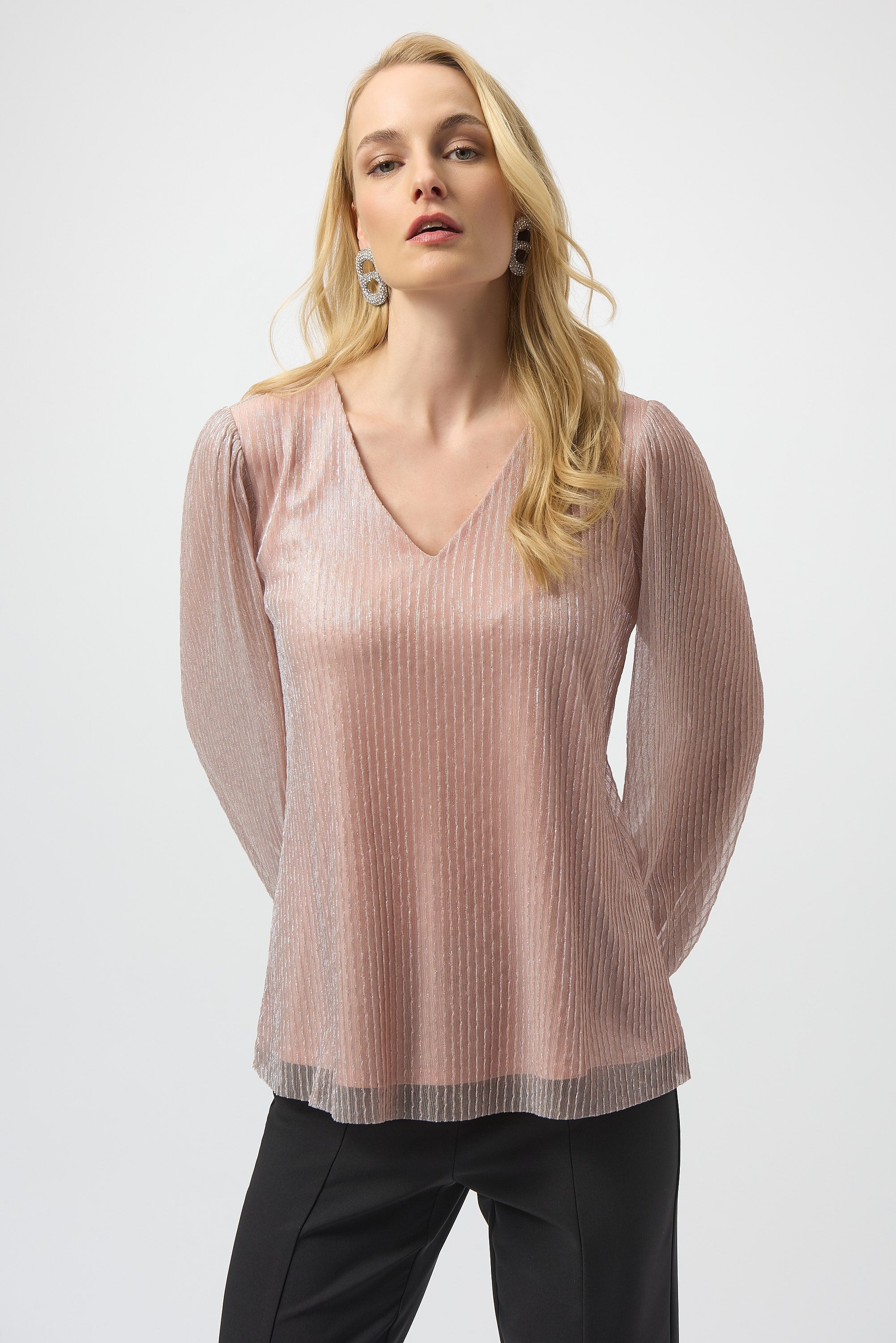 Joseph Ribkoff Lurex Pleated Blush Top with elegant pleats and shimmer fabric, stylish for sophisticated occasions.