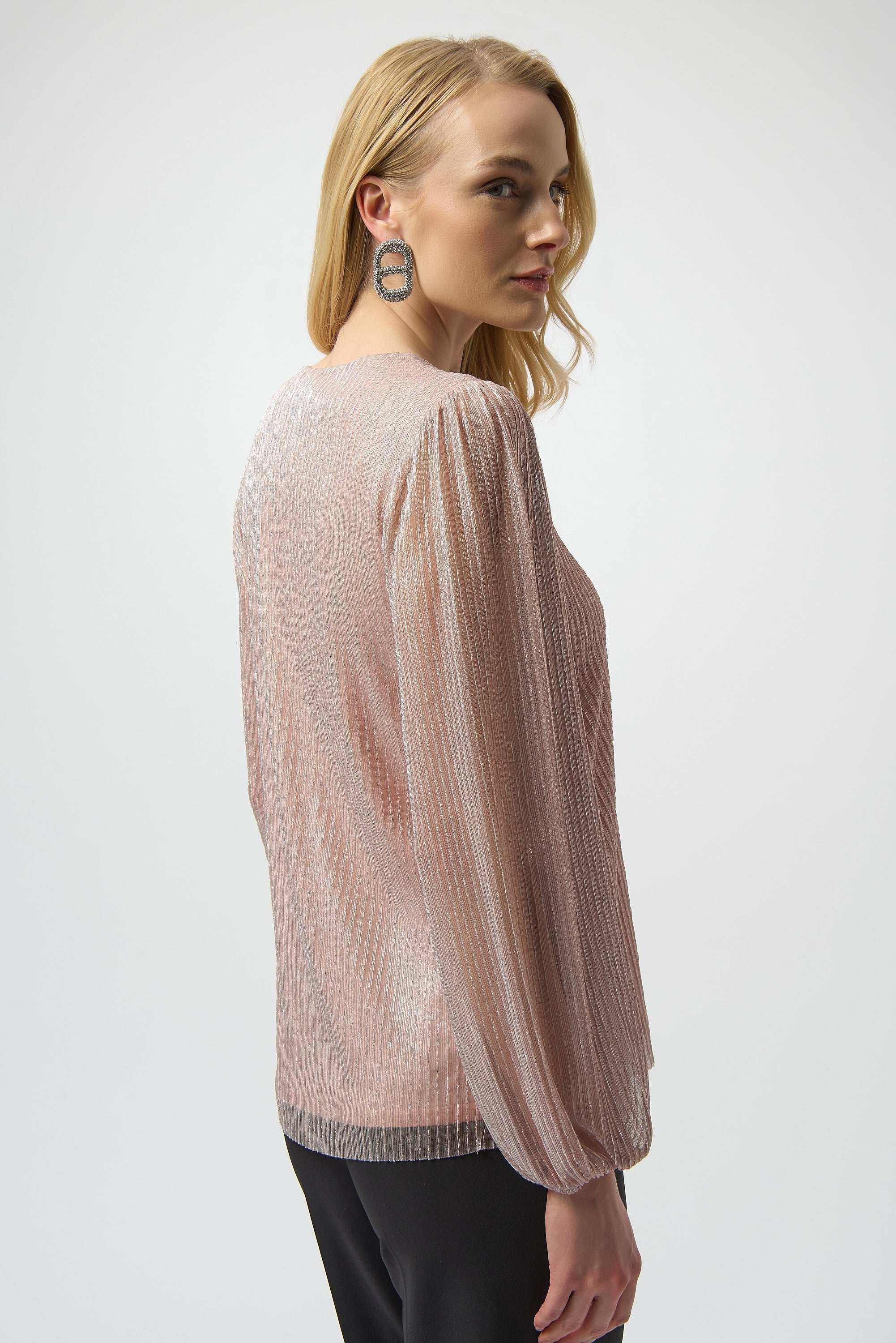 Joseph Ribkoff Lurex Pleated Blush Top with shimmering fabric and pleated design, showcasing elegant style.