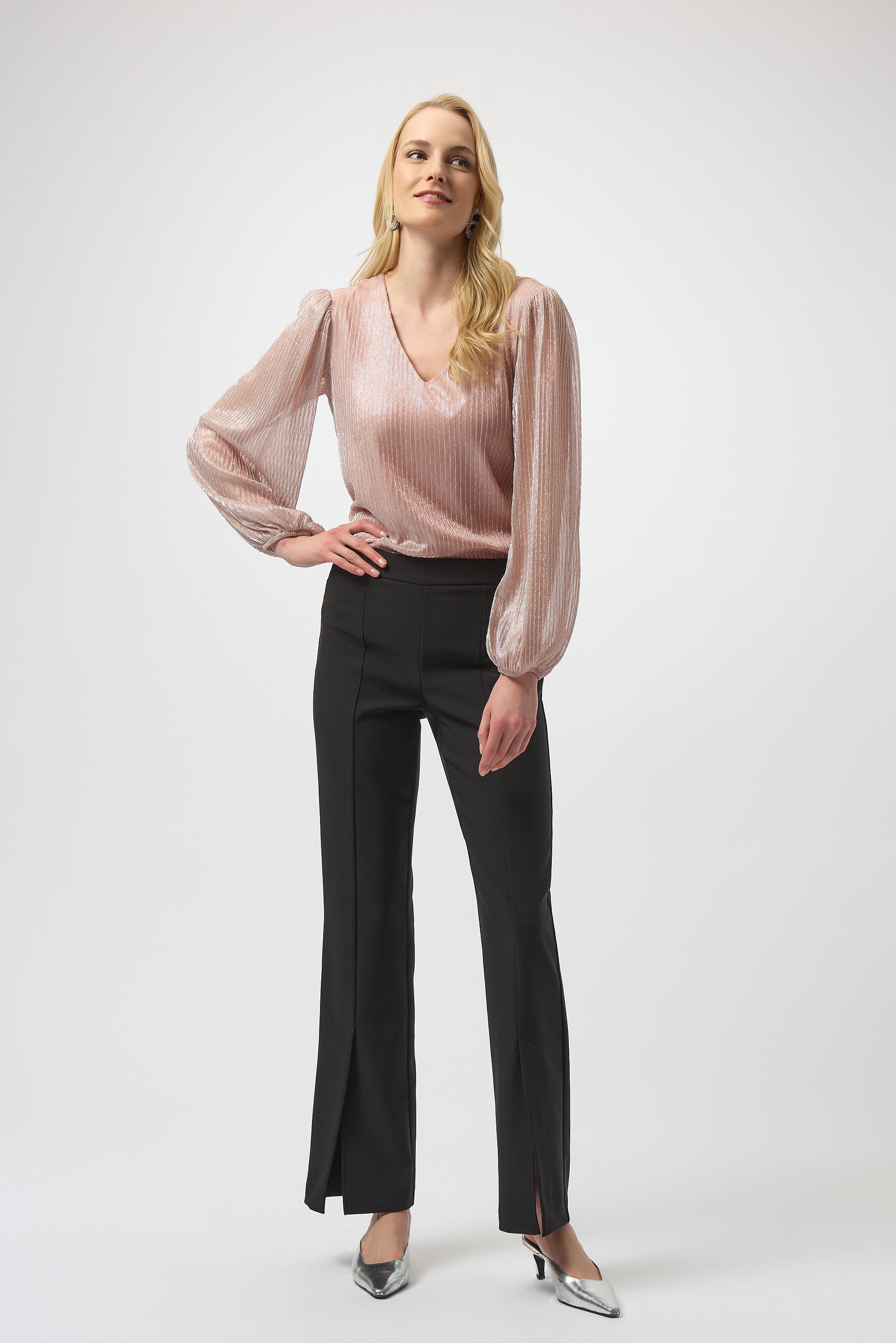 Blush Lurex pleated top by Joseph Ribkoff featuring shimmering fabric and elegant pleats, perfect for stylish occasions.