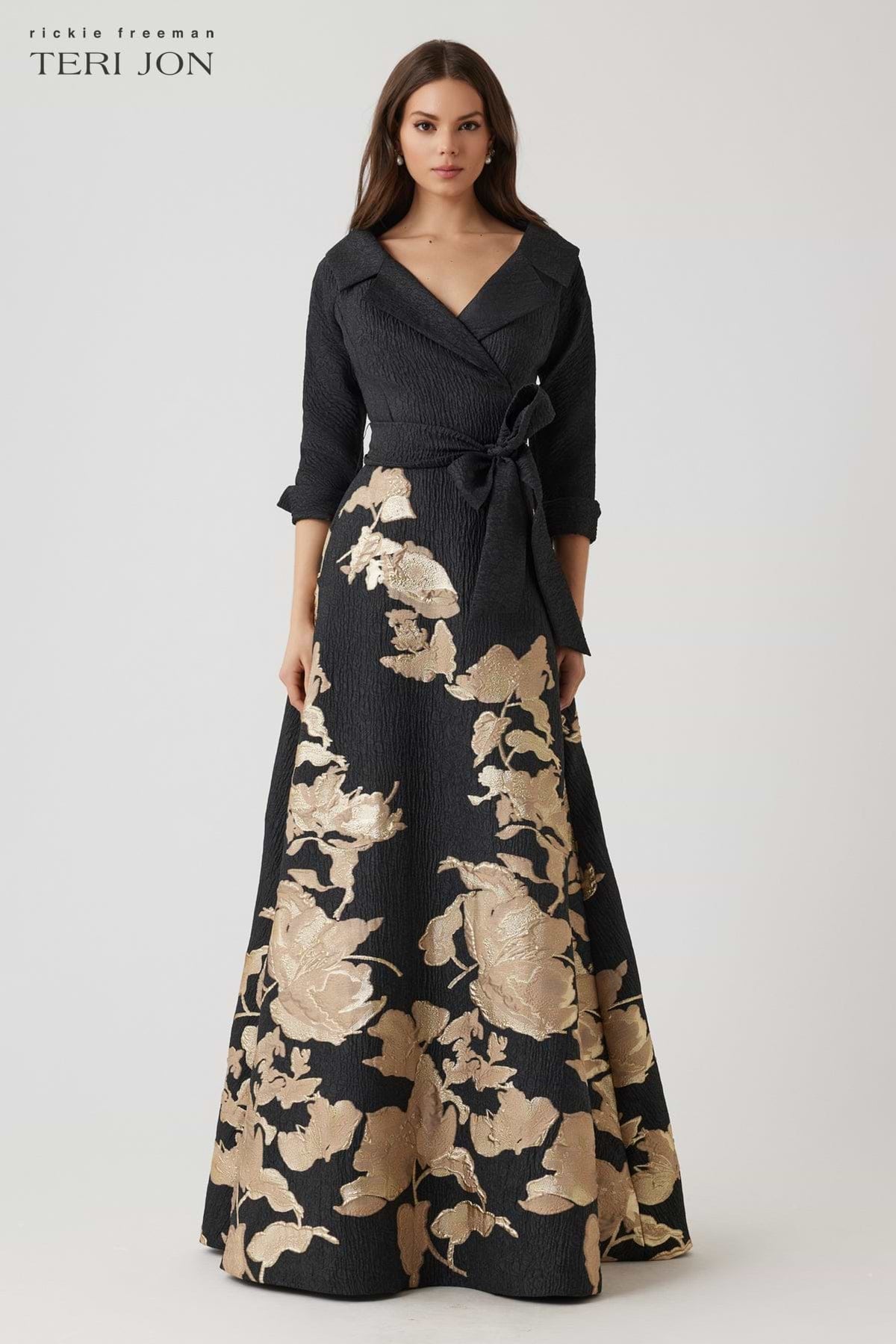 Teri Jon | Metallic Jacquard Floral Shirtdress Gown - Evelyne Talman