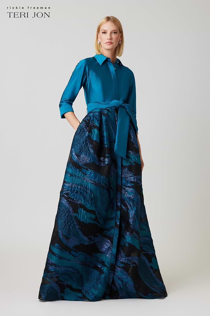 Teri Jon jacquard pattern skirt shirt waist gown with elegant design and intricate fabric detailing, ideal for formal occasions.