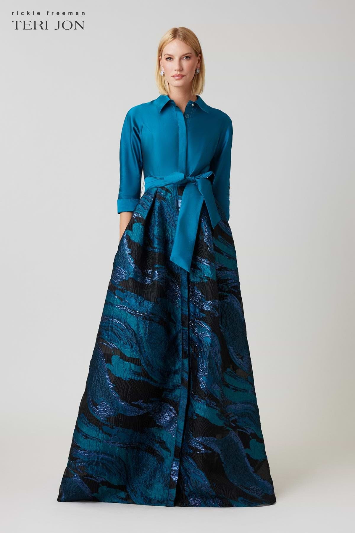 Teri Jon jacquard pattern skirt shirt waist gown with elegant design and intricate fabric details, perfect for formal occasions.