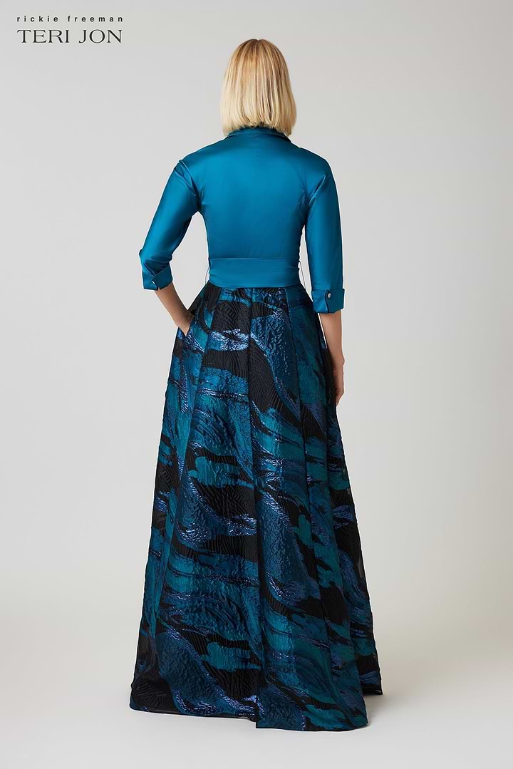Teri Jon jacquard pattern skirt shirt waist gown dress with intricate woven design and elegant silhouette.