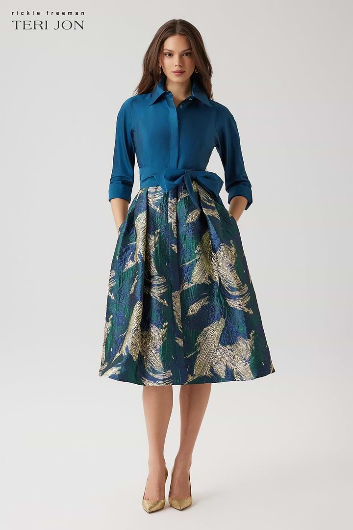 Taffeta Shirt Dress With Metallic Jacquard Skirt