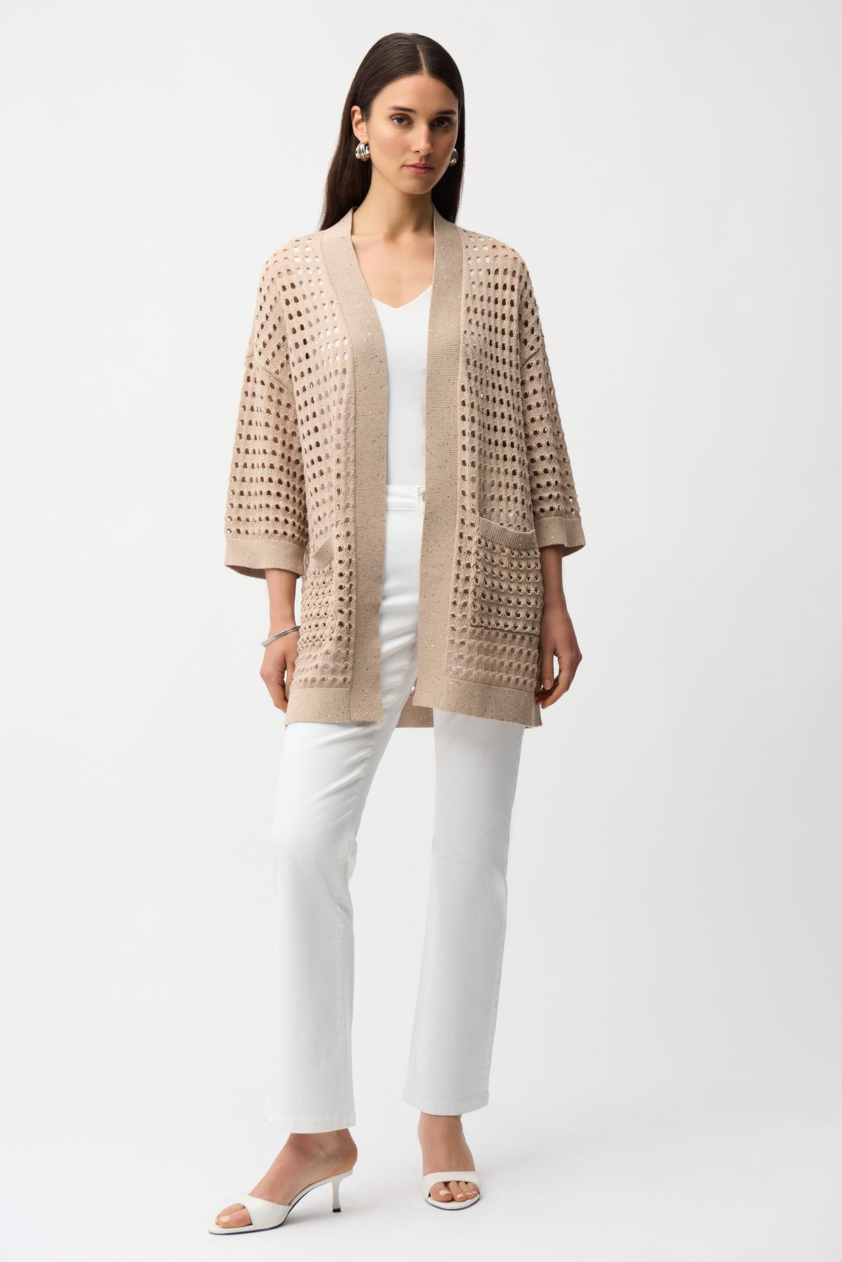 Joseph Ribkoff boxy cardigan in a soft, textured knit with a relaxed fit and open front, displayed on a neutral background.