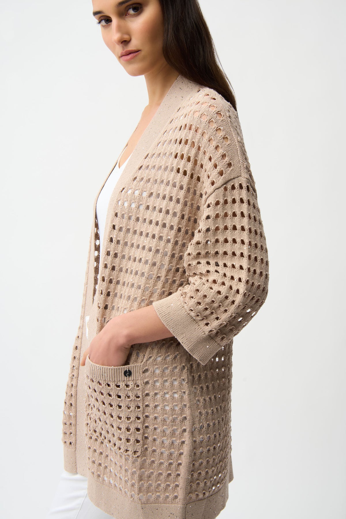 Joseph Ribkoff boxy cardigan in a soft knit, featuring a relaxed fit and classic design, displayed on a neutral background.