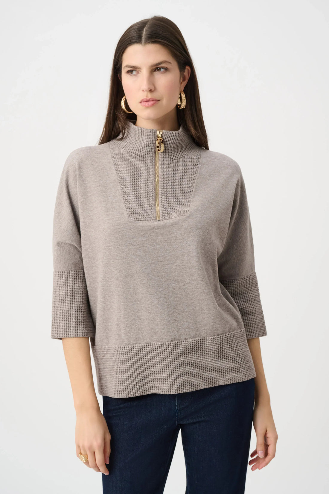 Joseph Ribkoff ribbed trim half-zip sweater in a cozy, fitted design with a high neckline and textured ribbed detailing.