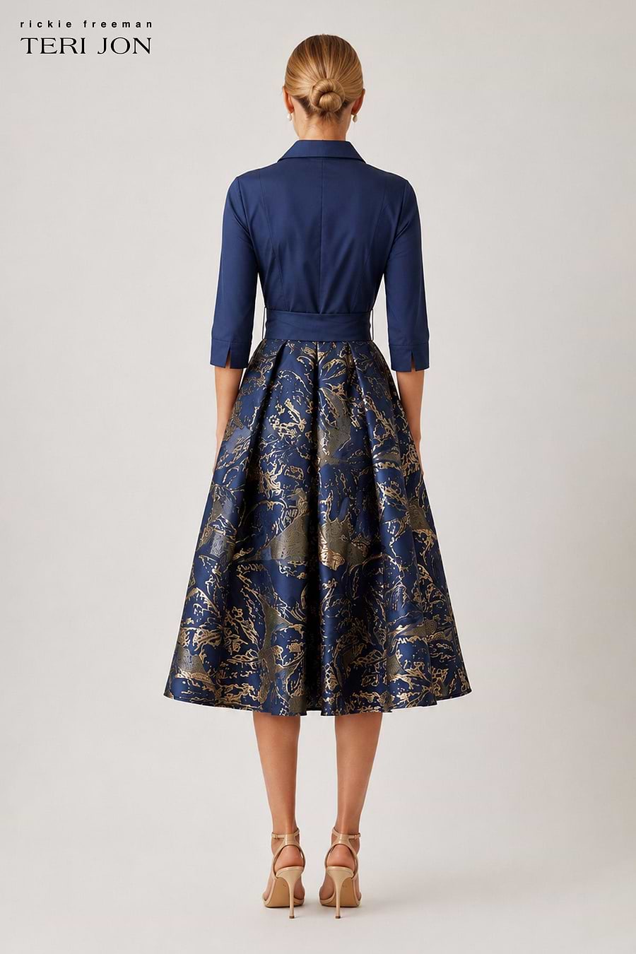 Teri Jon metallic floral taffeta jacquard dress with shirt waist silhouette, stylish and elegant for special occasions
