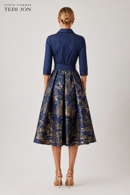 Taffeta Jacquard Metallic Floral Shirt Waist Dress